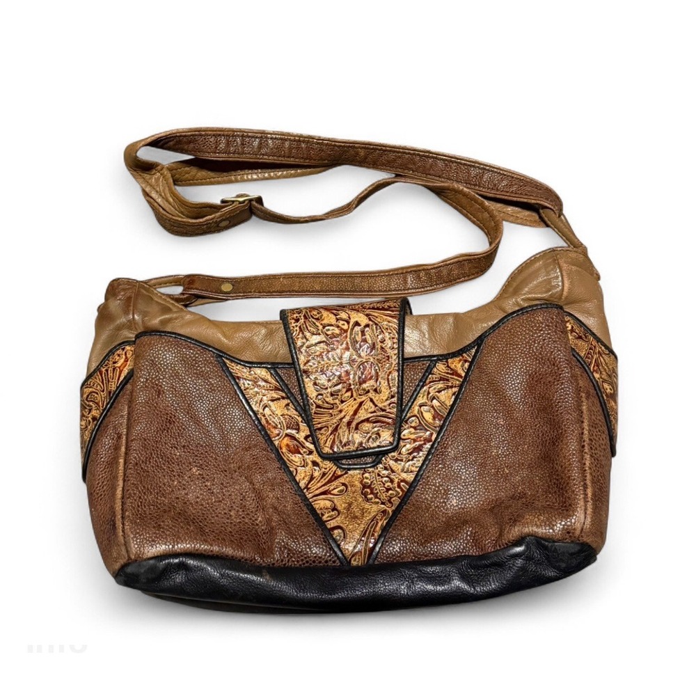VTG Donofrio Leather Shoulder Bag Brown Tooled Floral Western Crossbody Purse